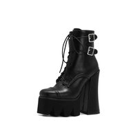 Black Buckle Up Chunky Heeled Booties - Thumbnail 2