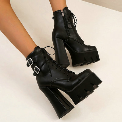 Black Buckle Up Chunky Heeled Booties