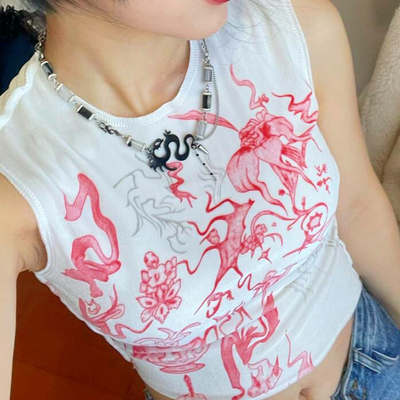 Red floral printed sleeveless vest