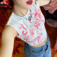 Red Floral Printed Sleeveless Vest - Thumbnail 1