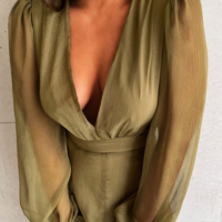 V-Neck Women's Solid Color Long Sleeve Dress - Thumbnail 2