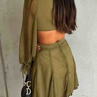 V-Neck Women's Solid Color Long Sleeve Dress - Thumbnail 3