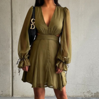 V-Neck Women's Solid Color Long Sleeve Dress - Thumbnail 1