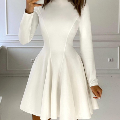 Solid color women's white long sleeve dress