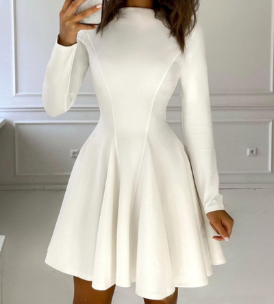 Solid Color Women's White Long Sleeve Dress