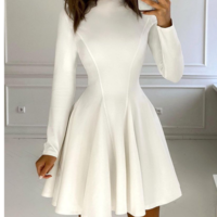 Solid Color Women's White Long Sleeve Dress - Thumbnail 1