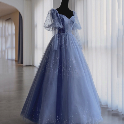 Blue tulle beads long prom dress a line evening dress - Thumbnail 2