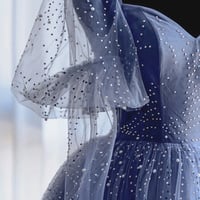 Blue tulle beads long prom dress A line evening dress - Thumbnail 1