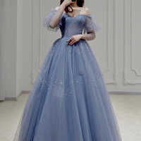 Blue tulle beads long prom dress A line evening dress - Thumbnail 4