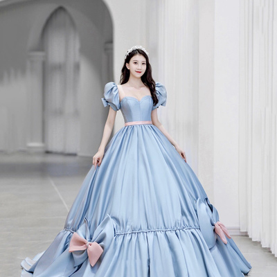 Blue satin long prom dress a line evening gown - Thumbnail 3