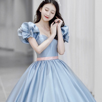 Blue satin long prom dress A line evening gown - Thumbnail 1