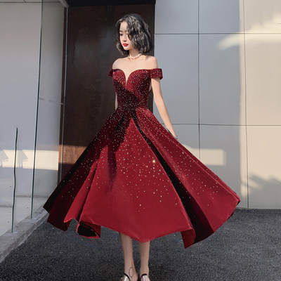 Burgundy velvet beads short prom dress homecoming dress - Thumbnail 1