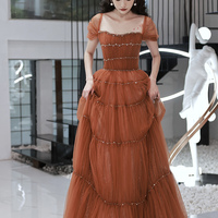 Cute tulle beads long prom dress evening dress - Thumbnail 7