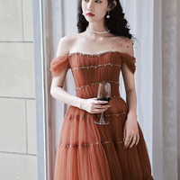 Cute tulle beads long prom dress evening dress - Thumbnail 1