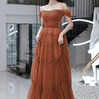 Cute tulle beads long prom dress evening dress - Thumbnail 6
