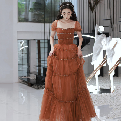 Cute tulle beads long prom dress evening dress - Thumbnail 2