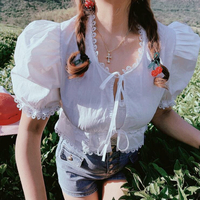 Sweet Lace up Puff Sleeve Blouse Shirts - Thumbnail 1