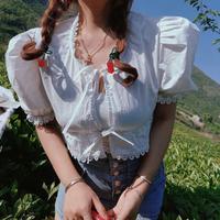 Sweet Lace up Puff Sleeve Blouse Shirts - Thumbnail 3