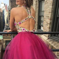 SP2111,Hot pink embroidery homecoming dresses,tulle a-line graduation dress - Thumbnail 1
