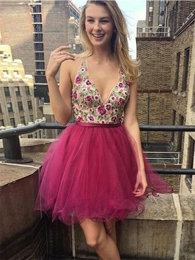 SP2111,Hot pink embroidery homecoming dresses,tulle a-line graduation dress