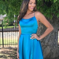 SP2112,Simple blue satin homecoming dresses,cross back mini prom dress - Thumbnail 1