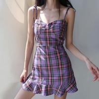 Purple Plaid Checkboard Lace up Midi Dress - Thumbnail 1