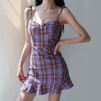 Purple Plaid Checkboard Lace up Midi Dress - Thumbnail 2