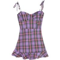 Purple Plaid Checkboard Lace up Midi Dress - Thumbnail 4