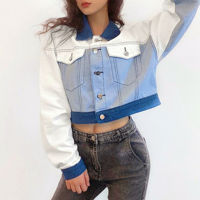 Blue white color block pocket denim jacket