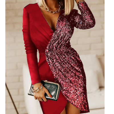 Sexy patchwork sequin v-neck dress - Thumbnail 1