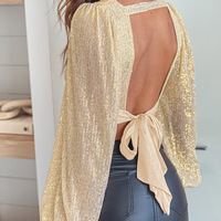 Long Sleeve Sequins Backless Shirt Top - Thumbnail 2