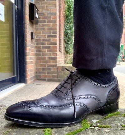 Top Fashion Hand Stitch Grey Black Oxfords Shoes, Wingtip Brogue Lace Up Leather Shoes