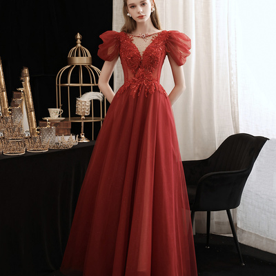 Burgundy lace sequins long prom dress a line evening dress - Thumbnail 3