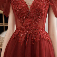 Burgundy lace sequins long prom dress A line evening dress - Thumbnail 1