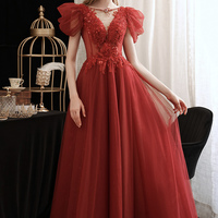 Burgundy lace sequins long prom dress A line evening dress - Thumbnail 2