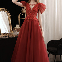 Burgundy lace sequins long prom dress A line evening dress - Thumbnail 3