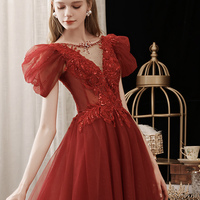 Burgundy lace sequins long prom dress A line evening dress - Thumbnail 4