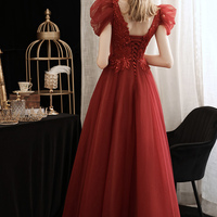 Burgundy lace sequins long prom dress A line evening dress - Thumbnail 7