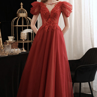 Burgundy lace sequins long prom dress A line evening dress - Thumbnail 8