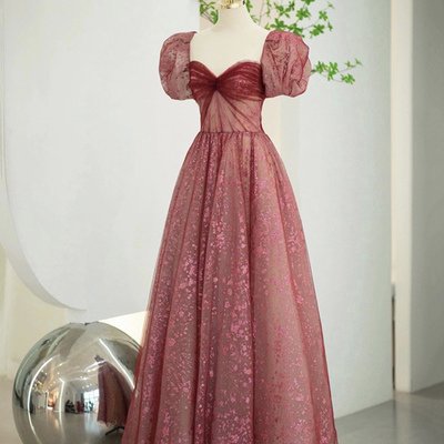 Burgundy tulle sequinsl ong prom dress evening dress - Thumbnail 2