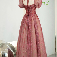 Burgundy tulle sequinsl ong prom dress evening dress - Thumbnail 2