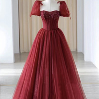 High quality tulle beads long prom dress burgundy evening dress - Thumbnail 3