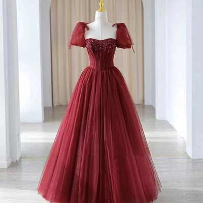 High quality tulle beads long prom dress burgundy evening dress - Thumbnail 1