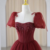 High quality tulle beads long prom dress burgundy evening dress - Thumbnail 1