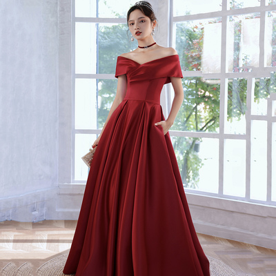 Burgundy satin long prom dress a line evening dress - Thumbnail 2