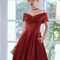 Burgundy satin long prom dress A line evening dress - Thumbnail 1