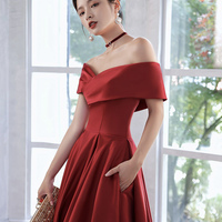 Burgundy satin long prom dress A line evening dress - Thumbnail 2