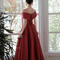 Burgundy satin long prom dress A line evening dress - Thumbnail 4