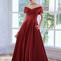 Burgundy satin long prom dress A line evening dress - Thumbnail 5