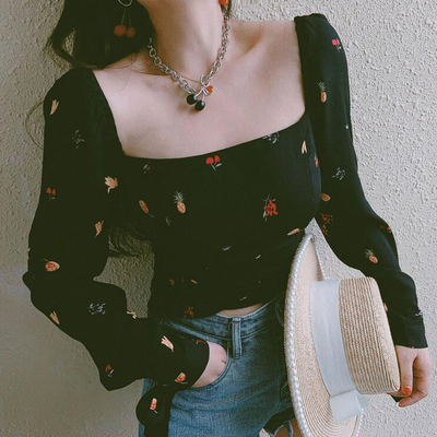 Vintage square collar fruit full print lace up blouse shirts